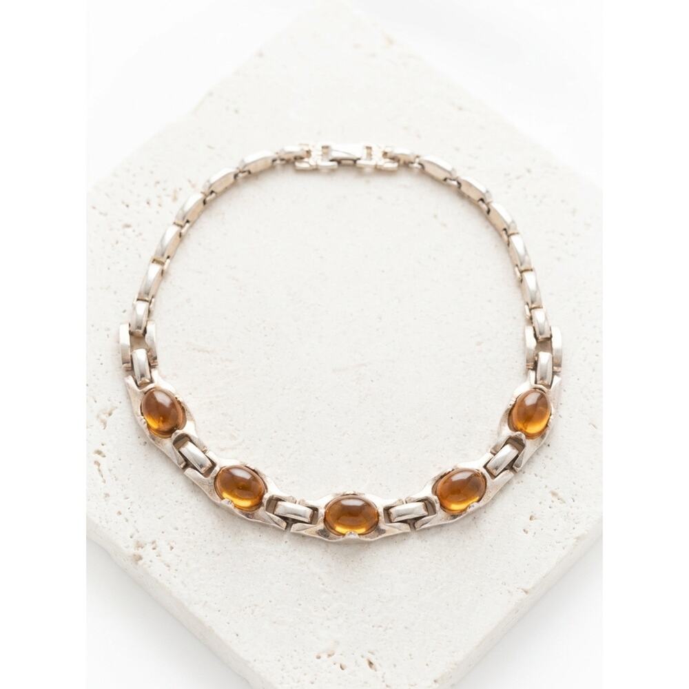 Vintage Barela Amber Glass Silver Tone Necklace 15” Statement